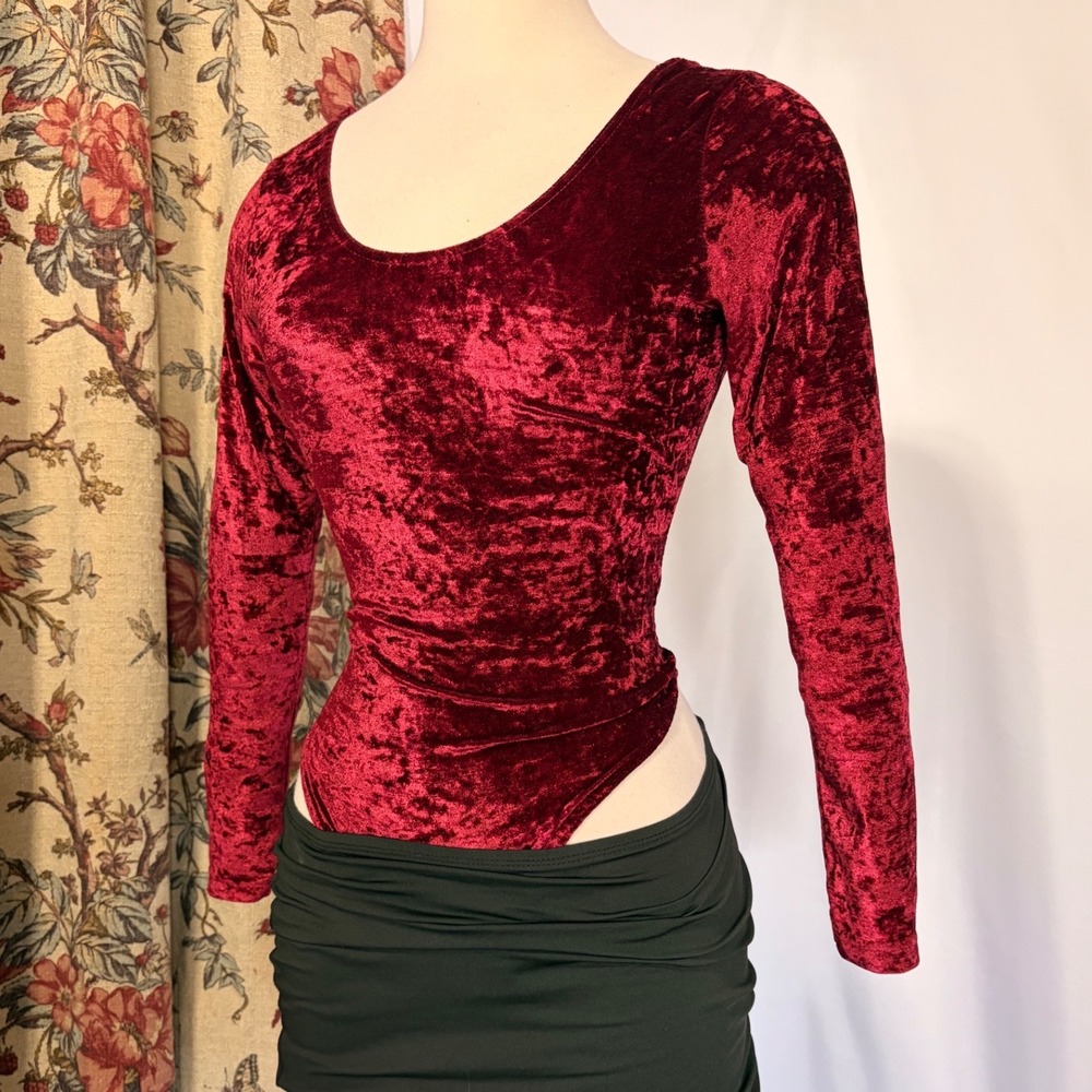 Victorias Secret Vintage Gold label Burgundy Crushed Velvet sleeved Bodysuit